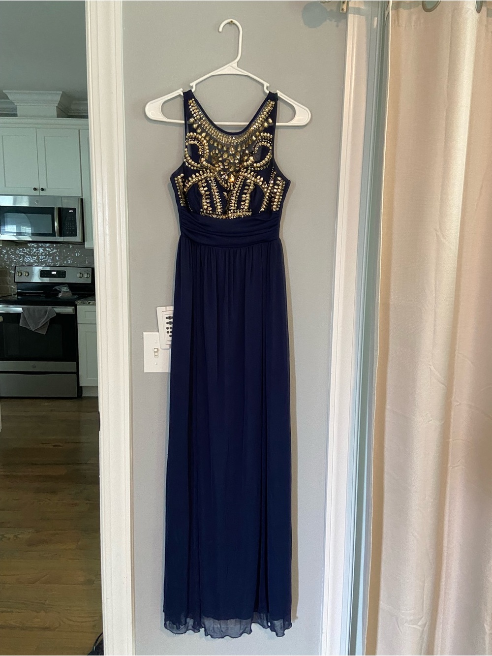 B Darlin Navy and Gold Beaded Illusion Yoke Maxi Dress